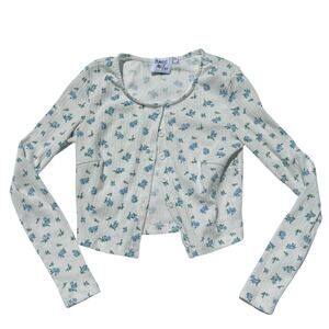 Princess Polly Top XXS White Blue Floral Ribbed Button Front Cropped Long Sleeve